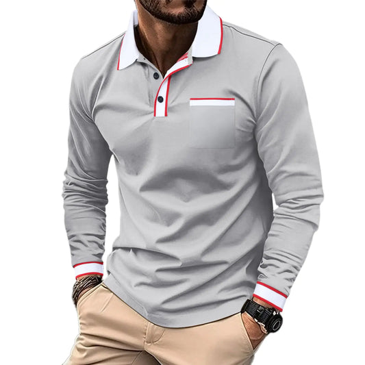 Mens Polo Shirts Contrast Color Patchwork Golf Shirts for Mens Long Sleeve T-Shirt Tops with Pocket Grey 2XL