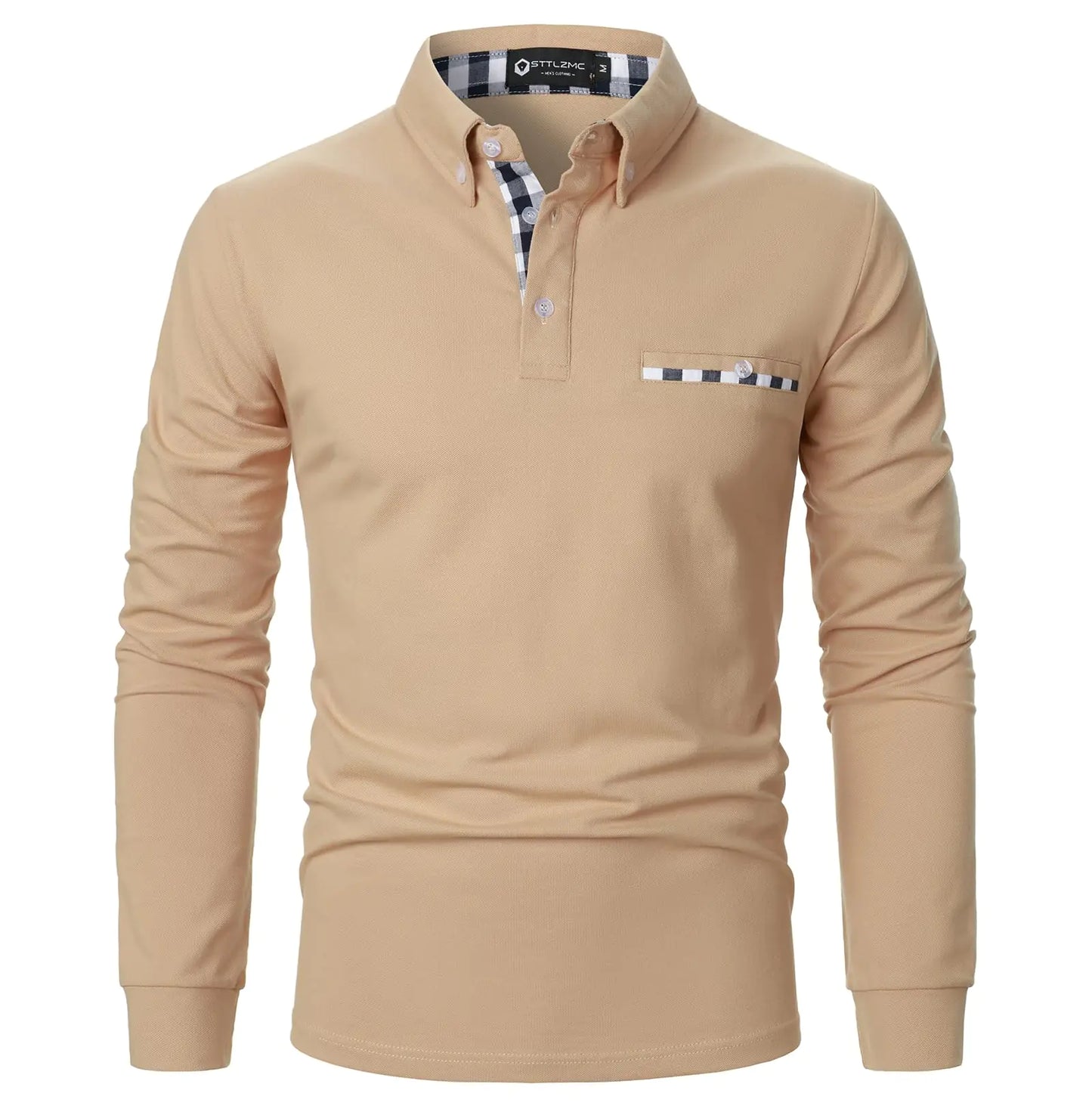 STTLZMC Mens Long Sleeve Polo Shirts Casual Fit Plaid Collar Cotton Golf T-Shirts Khaki 3XL