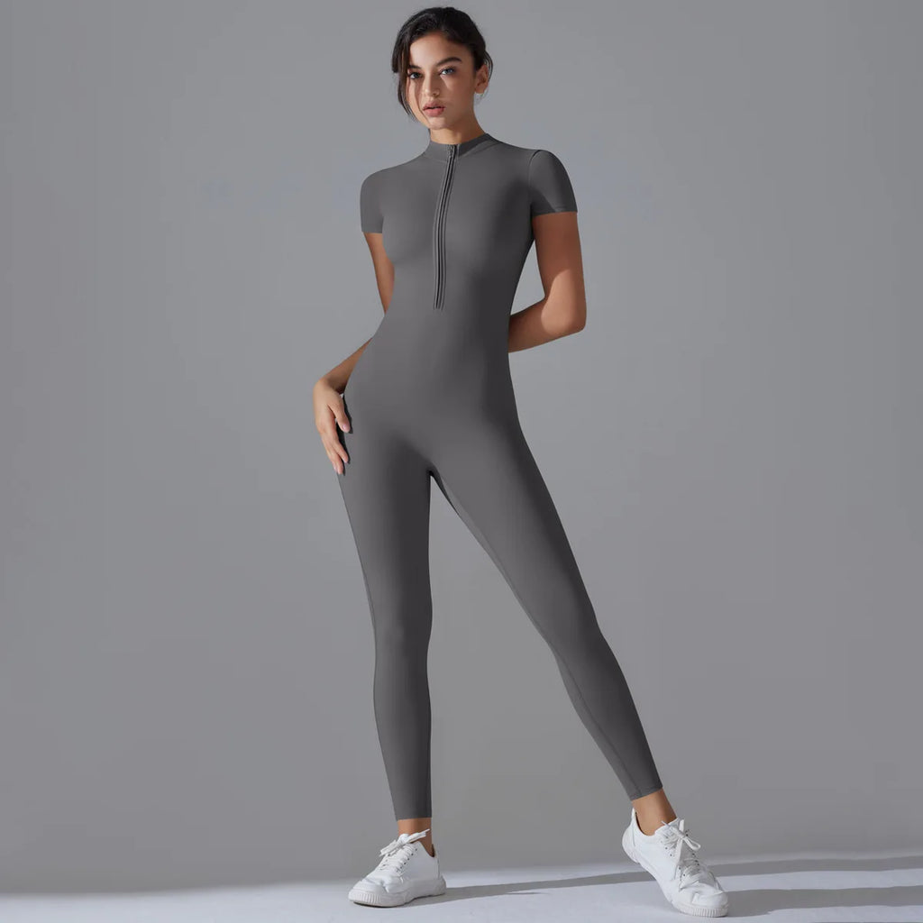 Naked zipper short sleeved yoga suit jumpsuit, quick drying breathable outdoor sports tight fitting jumpsuit, fitness suit