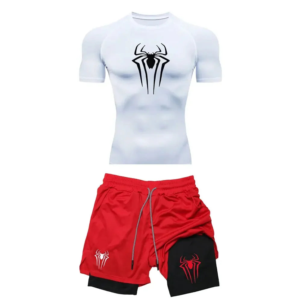 Men's Workout Compression Set Y2K Spider Printed Gym Tshirts
