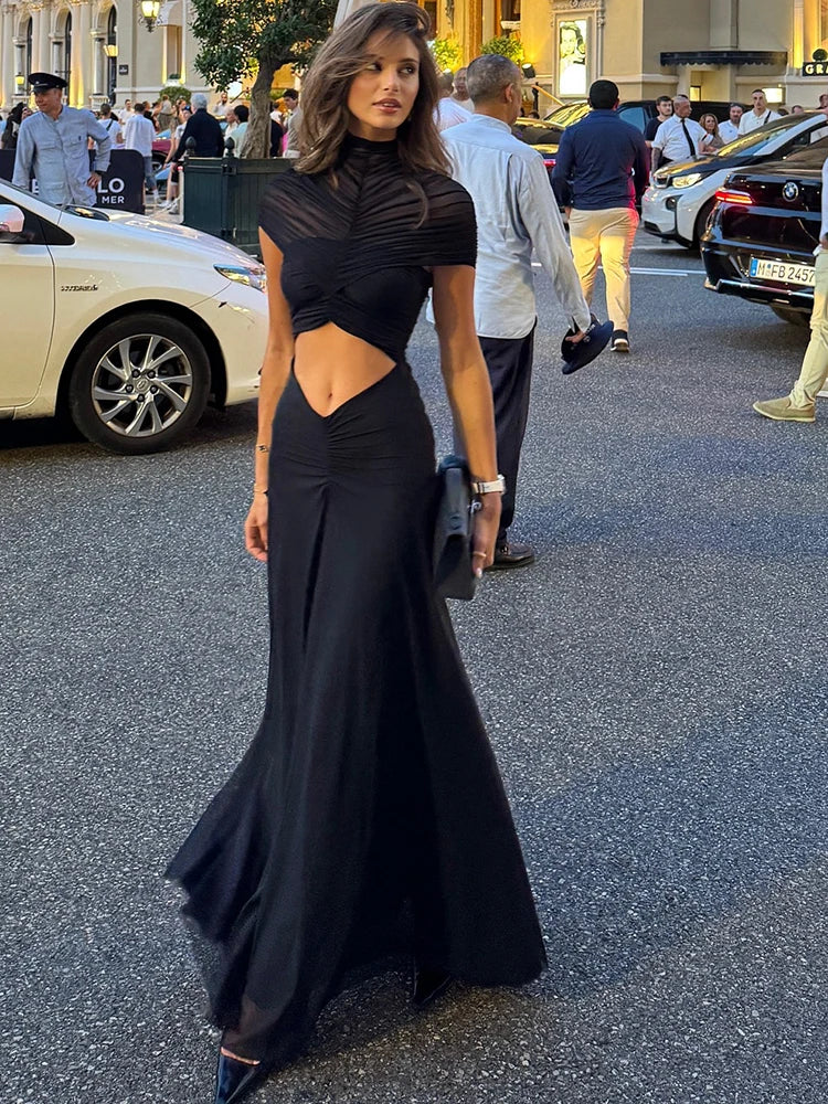 JULISSA MO Sexy Hollow Out Turtleneck Women Maxi Dress Coffee Short Sleeve See Through Mesh Bodycon Elegant Party Evening Dress