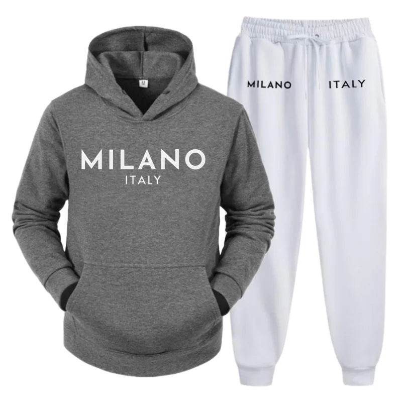 Men's 2025 Y2K Harajuku Streetwear Set – Fleece Hoodie & Slacks with Milano Italy Print, Trendy Casual Two-Piece Suit