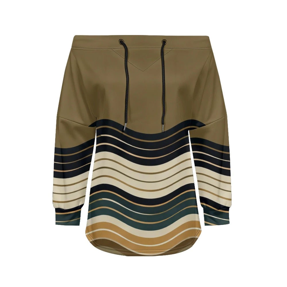 Trendy Off-Shoulder Sweatshirts with Striped & Polka Dot Patterns Drawstring Casual Loose-Fit Top for Women Casual Streetwear