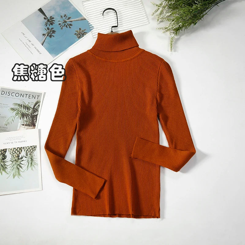 2026 Simple Women Turtleneck Sweater Winter Fashion Pullover Elastic Knit Ladies Jumper Casual Solid Black Female Basic Tops