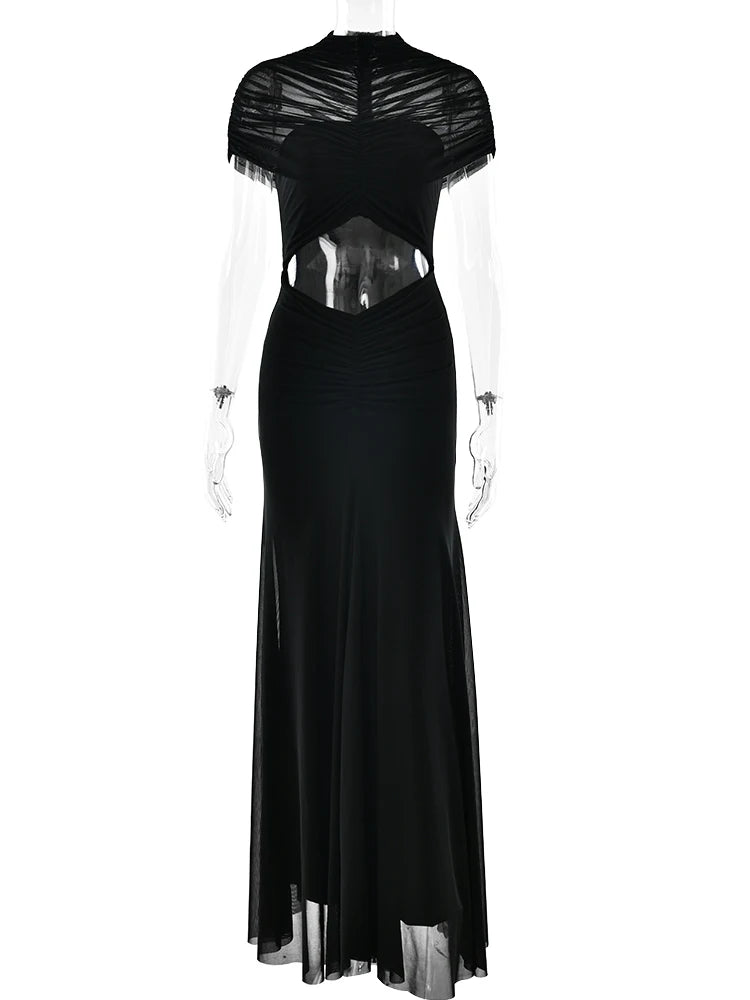 JULISSA MO Sexy Hollow Out Turtleneck Women Maxi Dress Coffee Short Sleeve See Through Mesh Bodycon Elegant Party Evening Dress