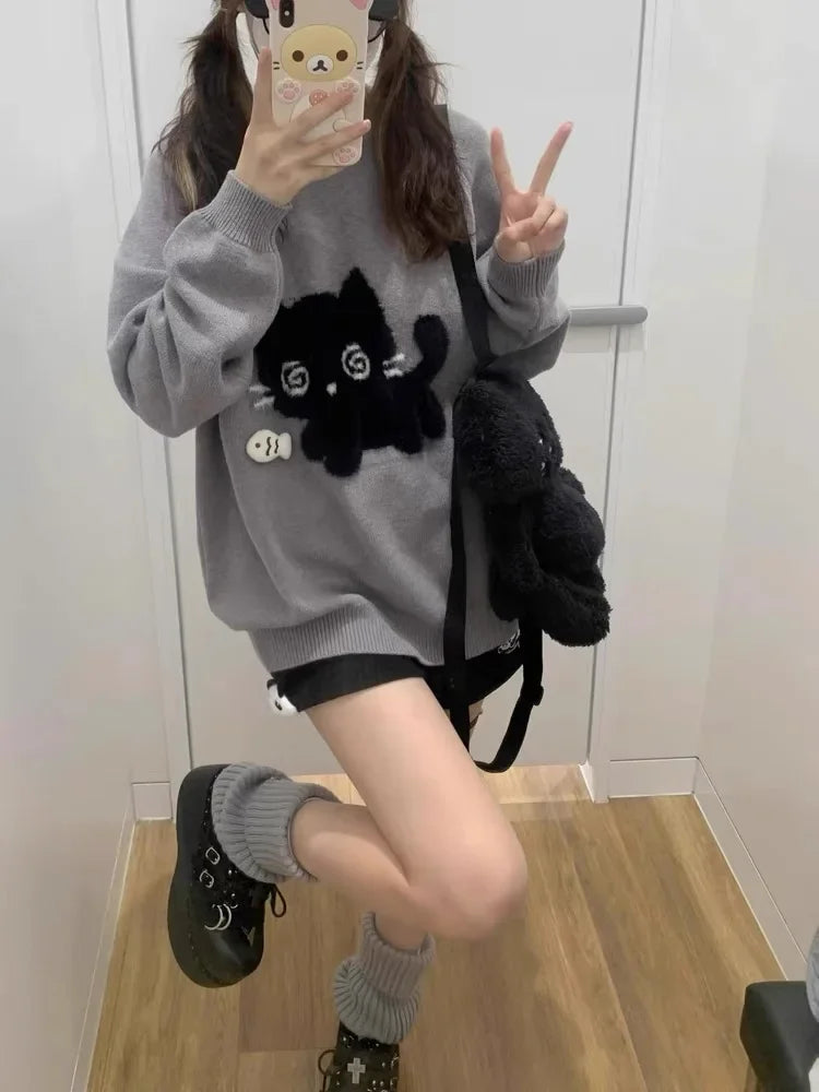Gray Cute Cat O-neck Knit Elegant Pullover Woman 2024 Winter Design Harajuku Tops Feamale Y2k Long Sleeve Retro Sweaters Mujer