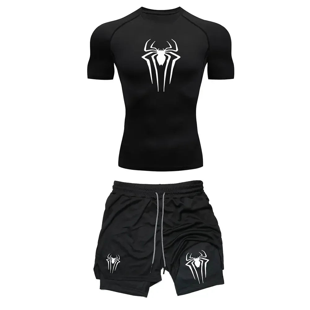Men's Workout Compression Set Y2K Spider Printed Gym Tshirts