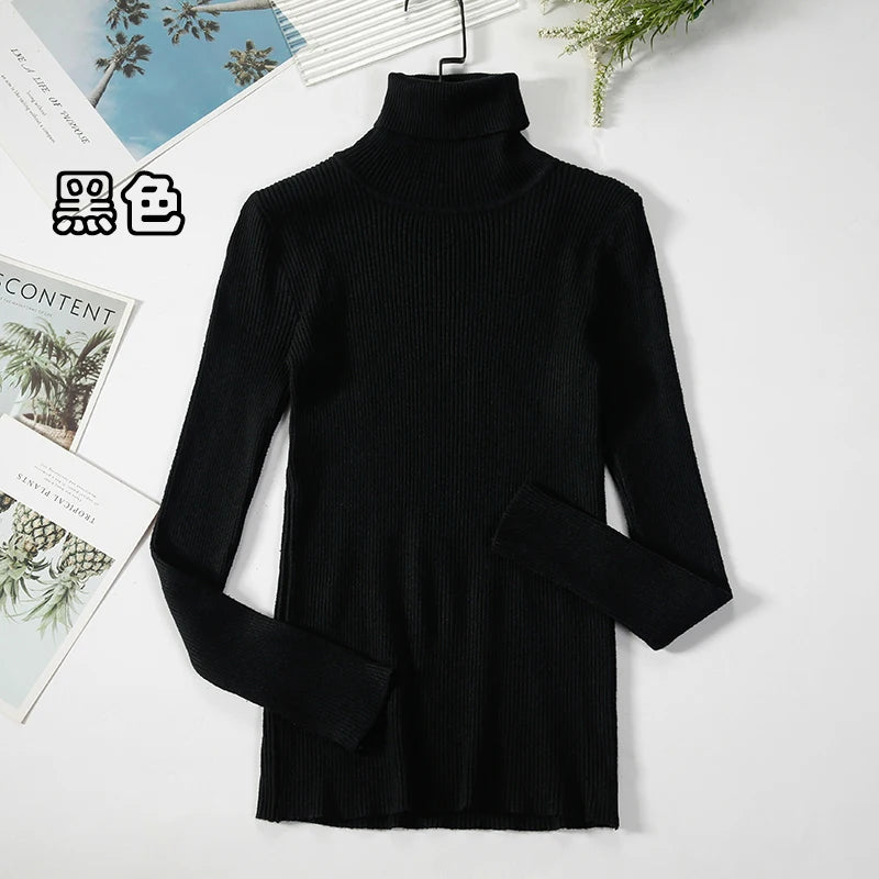 2026 Simple Women Turtleneck Sweater Winter Fashion Pullover Elastic Knit Ladies Jumper Casual Solid Black Female Basic Tops