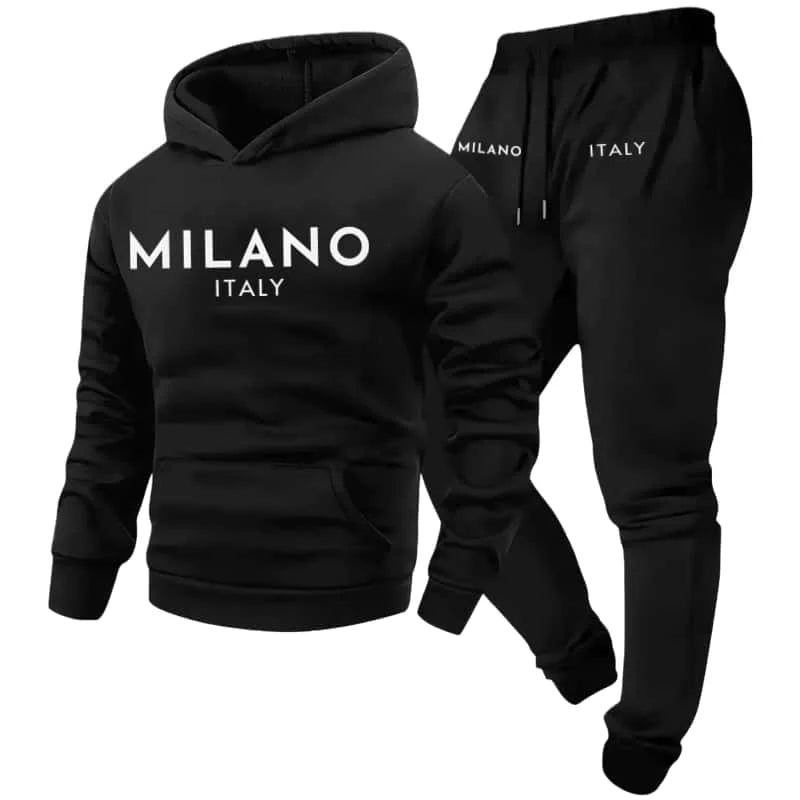 Men's 2025 Y2K Harajuku Streetwear Set – Fleece Hoodie & Slacks with Milano Italy Print, Trendy Casual Two-Piece Suit