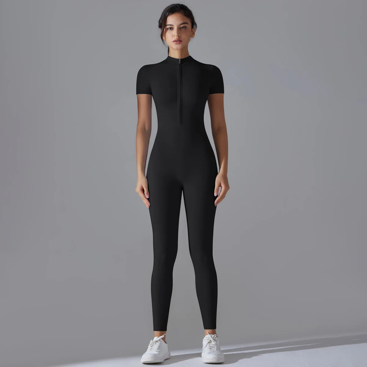 Naked zipper short sleeved yoga suit jumpsuit, quick drying breathable outdoor sports tight fitting jumpsuit, fitness suit