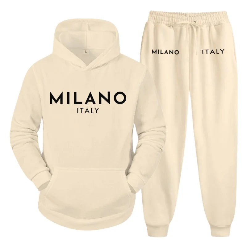 Men's 2025 Y2K Harajuku Streetwear Set – Fleece Hoodie & Slacks with Milano Italy Print, Trendy Casual Two-Piece Suit