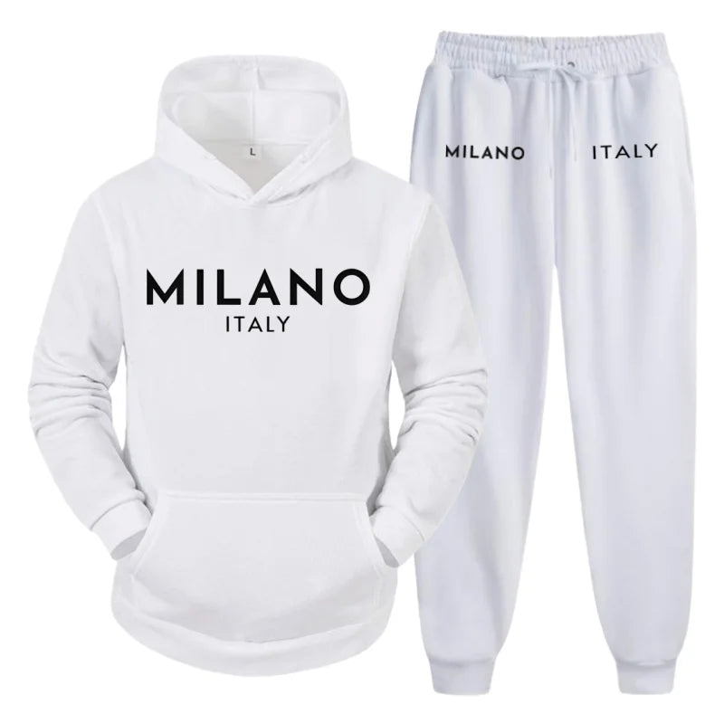 Men's 2025 Y2K Harajuku Streetwear Set – Fleece Hoodie & Slacks with Milano Italy Print, Trendy Casual Two-Piece Suit