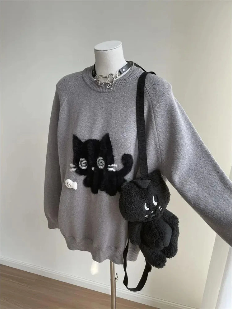 Gray Cute Cat O-neck Knit Elegant Pullover Woman 2024 Winter Design Harajuku Tops Feamale Y2k Long Sleeve Retro Sweaters Mujer