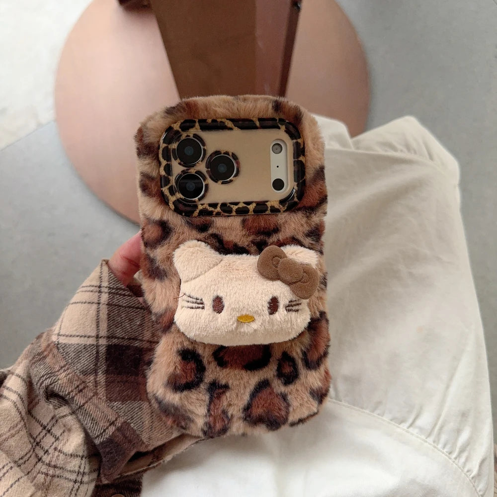 Sanrio Hello Kitty Cute Cartoon Leopard print Furry Warm Winter Plush Phone Case For iPhone 17 16 15 14 13 12 11 Pro Max Cover