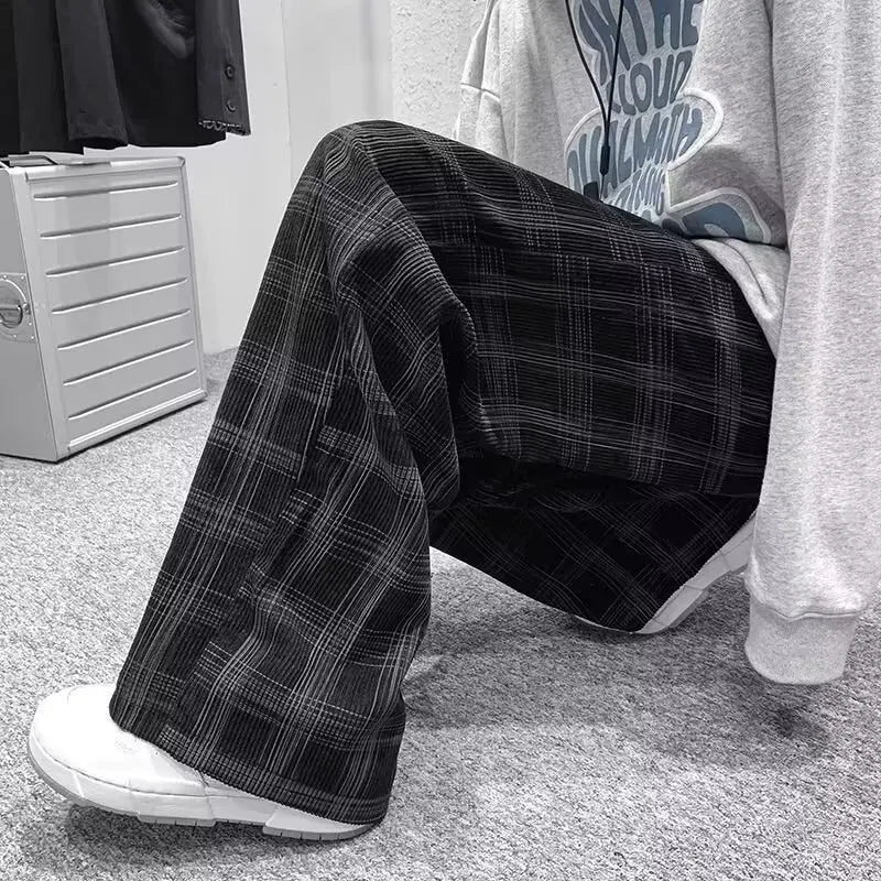 Checkered pants men's spring and autumn plus fat plus plus size trendy loose Korean version versatile wide leg casual pants spor