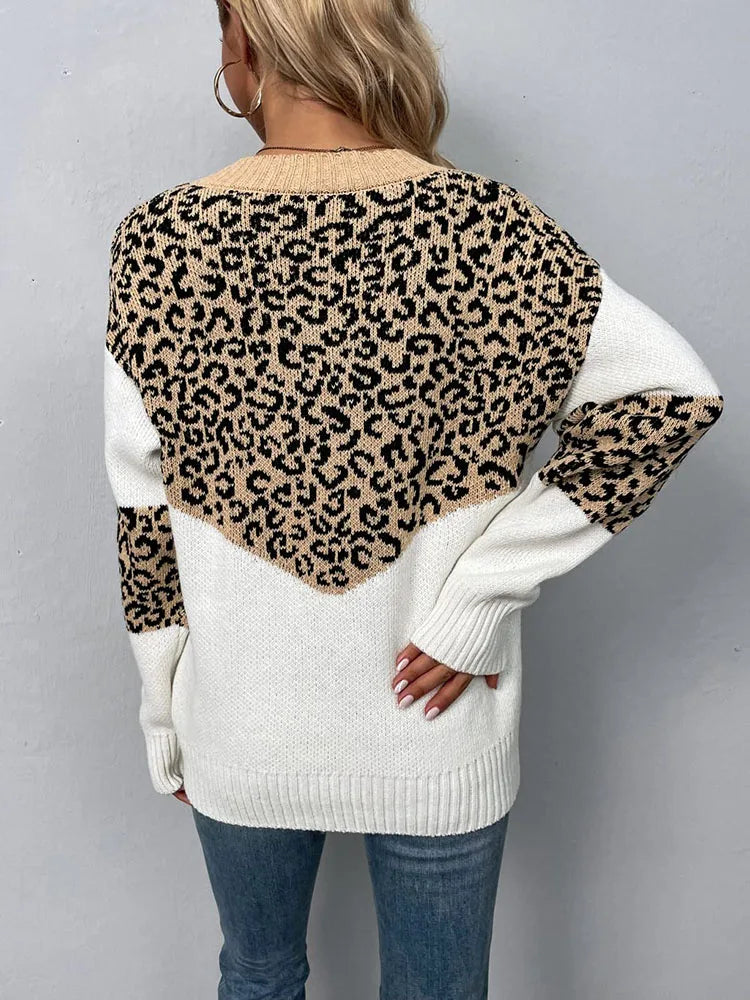 Women's casual leopard print V-neck sweater long sleeved loose fitting pullover sweater knitted sweater jumper top
