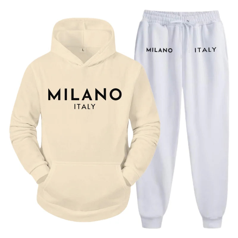 Men's 2025 Y2K Harajuku Streetwear Set – Fleece Hoodie & Slacks with Milano Italy Print, Trendy Casual Two-Piece Suit