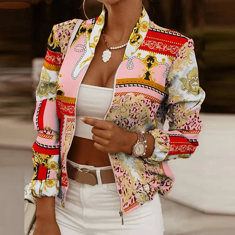 Flower Print Long Sleeve Women's Bomber Jacket