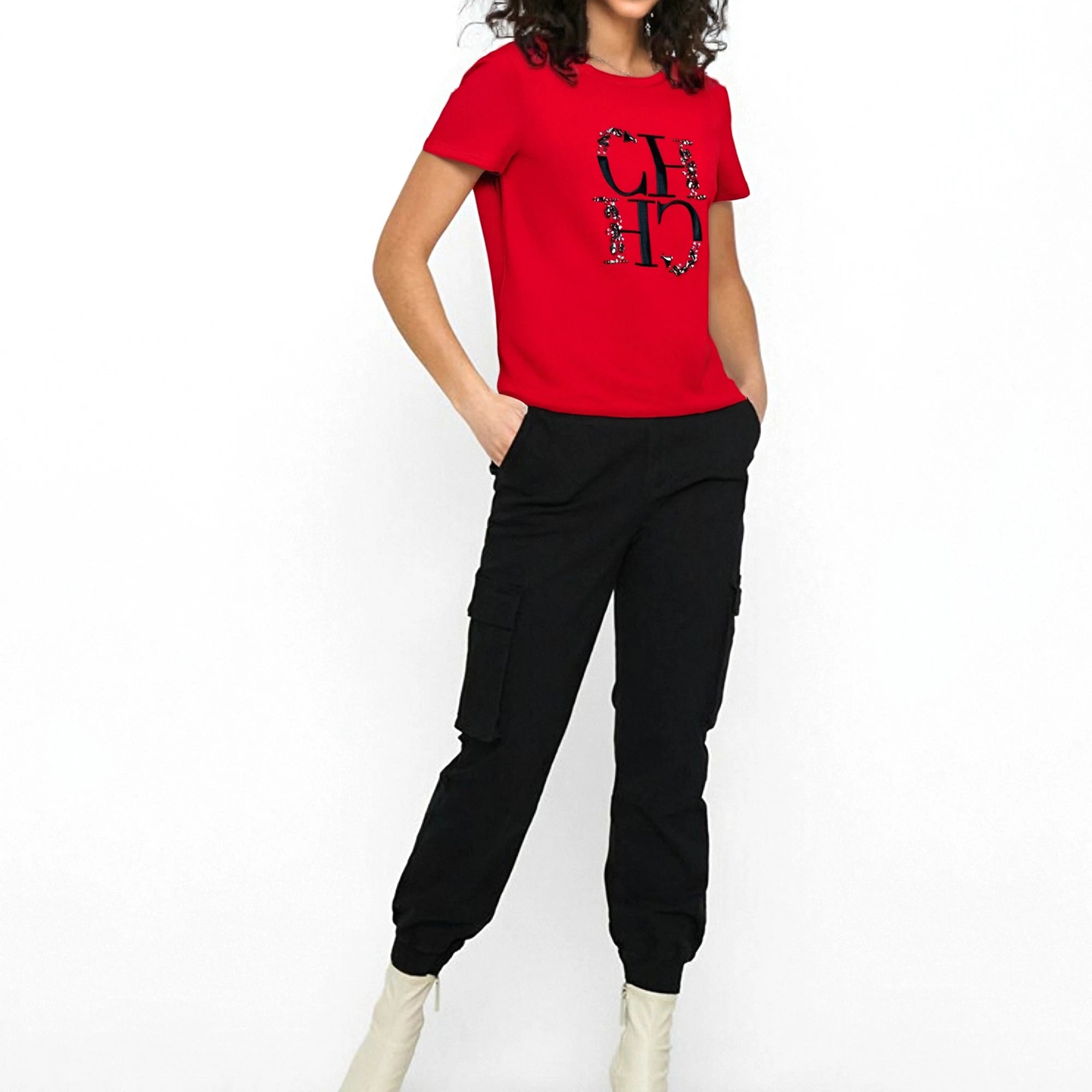 CHCH Women's T-shirt 2025 New Hand Embroidered Heavy Industry Casual Top Simple Round Neck Short Sleeve Women's Clothing