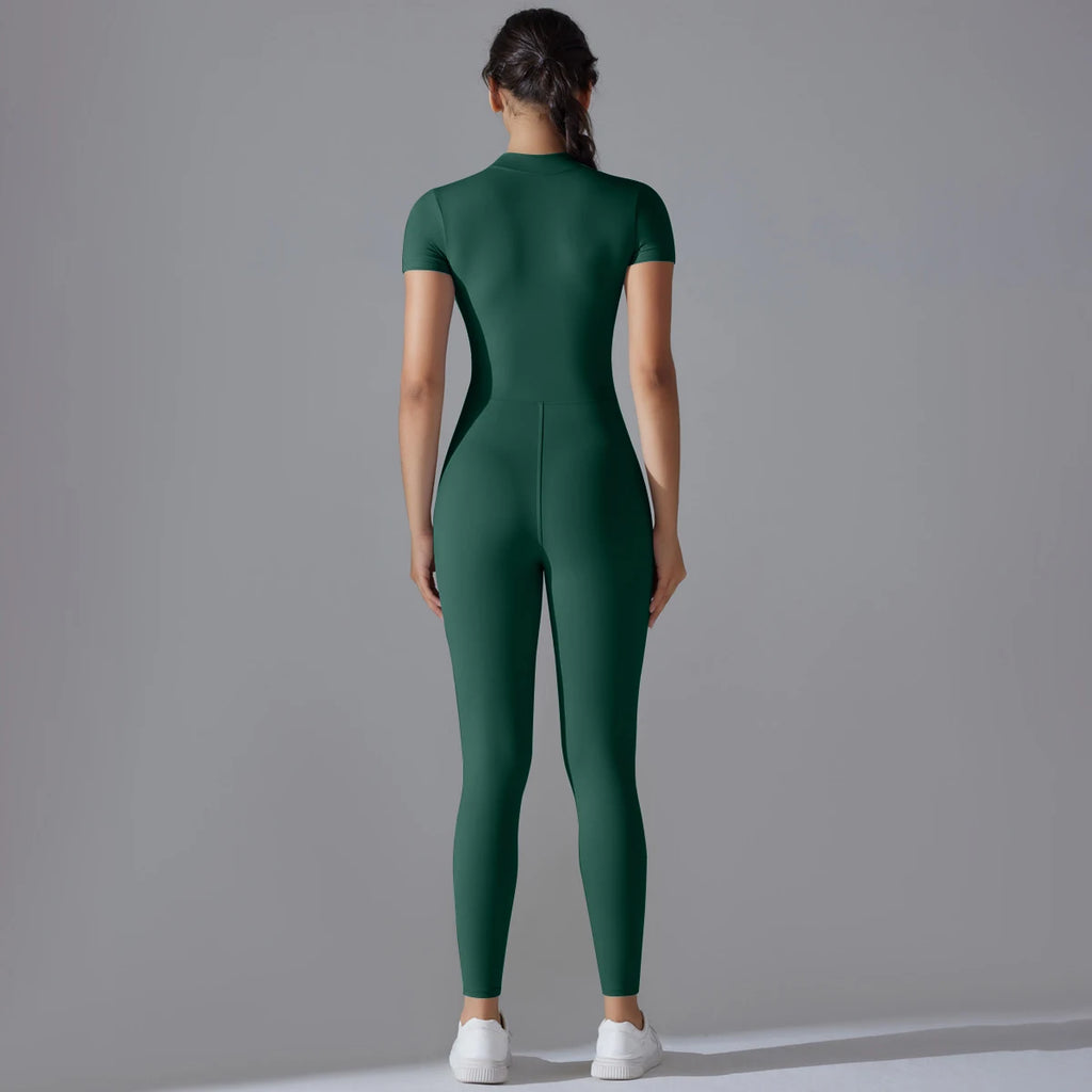 Naked zipper short sleeved yoga suit jumpsuit, quick drying breathable outdoor sports tight fitting jumpsuit, fitness suit