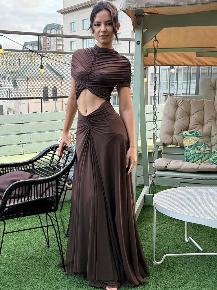 JULISSA MO Sexy Hollow Out Turtleneck Women Maxi Dress Coffee Short Sleeve See Through Mesh Bodycon Elegant Party Evening Dress