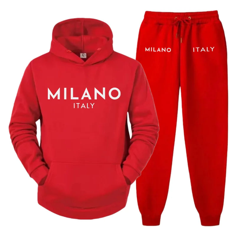 Men's 2025 Y2K Harajuku Streetwear Set – Fleece Hoodie & Slacks with Milano Italy Print, Trendy Casual Two-Piece Suit