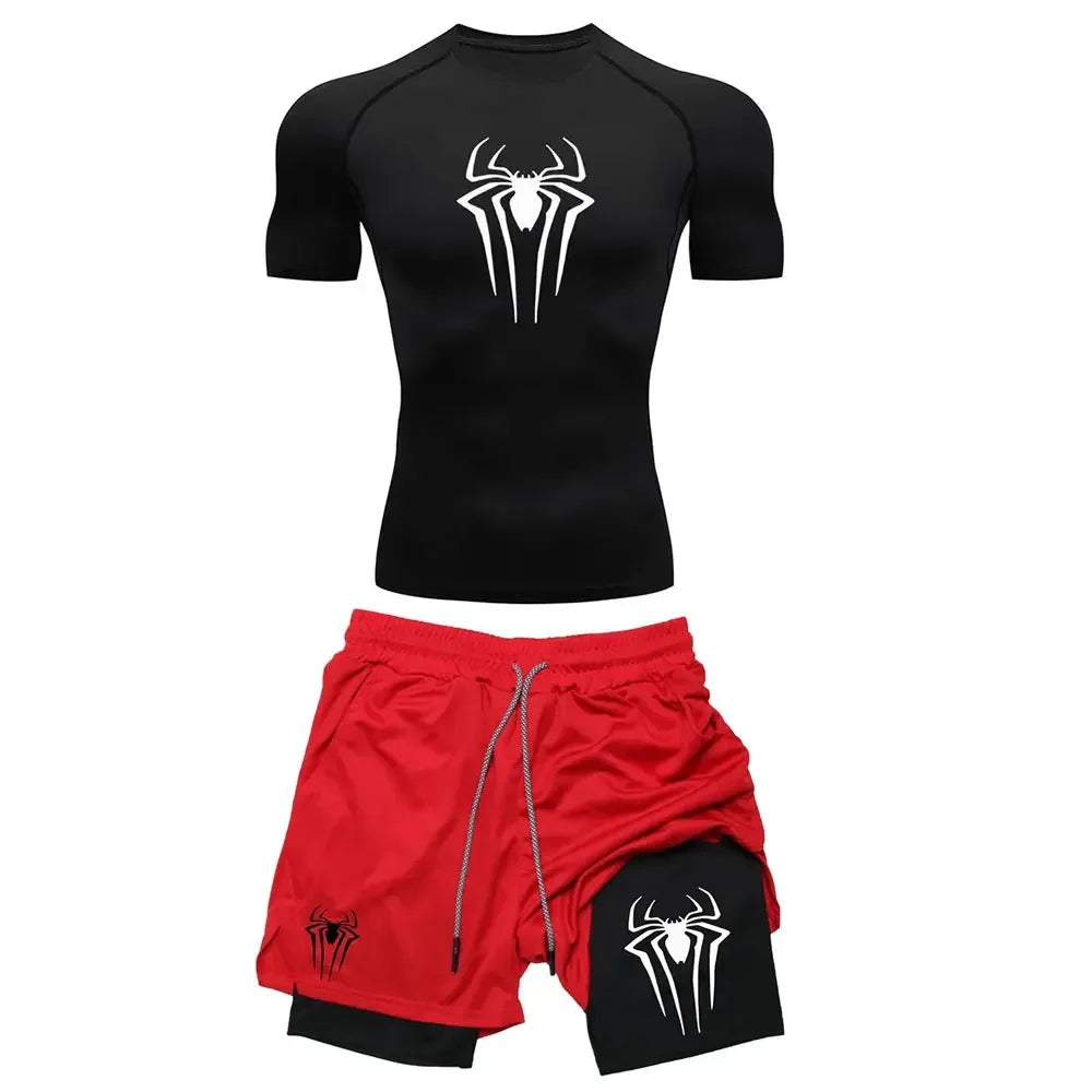 Men's Workout Compression Set Y2K Spider Printed Gym Tshirts