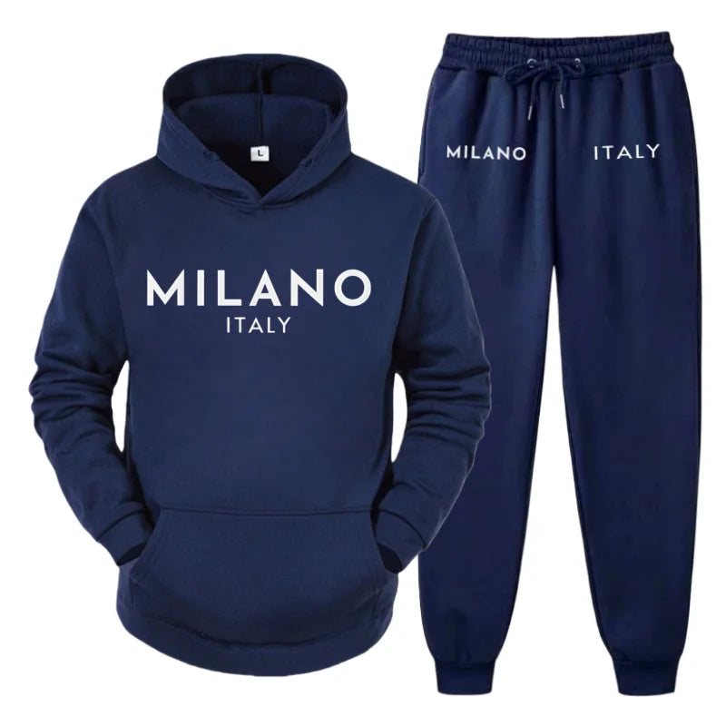 Men's 2025 Y2K Harajuku Streetwear Set – Fleece Hoodie & Slacks with Milano Italy Print, Trendy Casual Two-Piece Suit