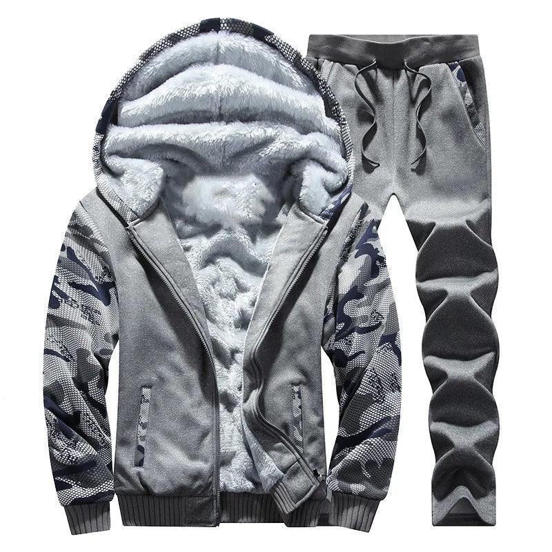 Men's autumn and winter sports set hooded casual cardigan jacket outdoor thickened warm sports shirt+pants two-piece set