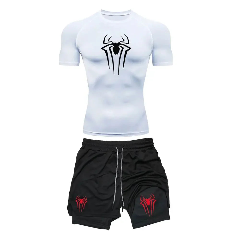 Men's Workout Compression Set Y2K Spider Printed Gym Tshirts