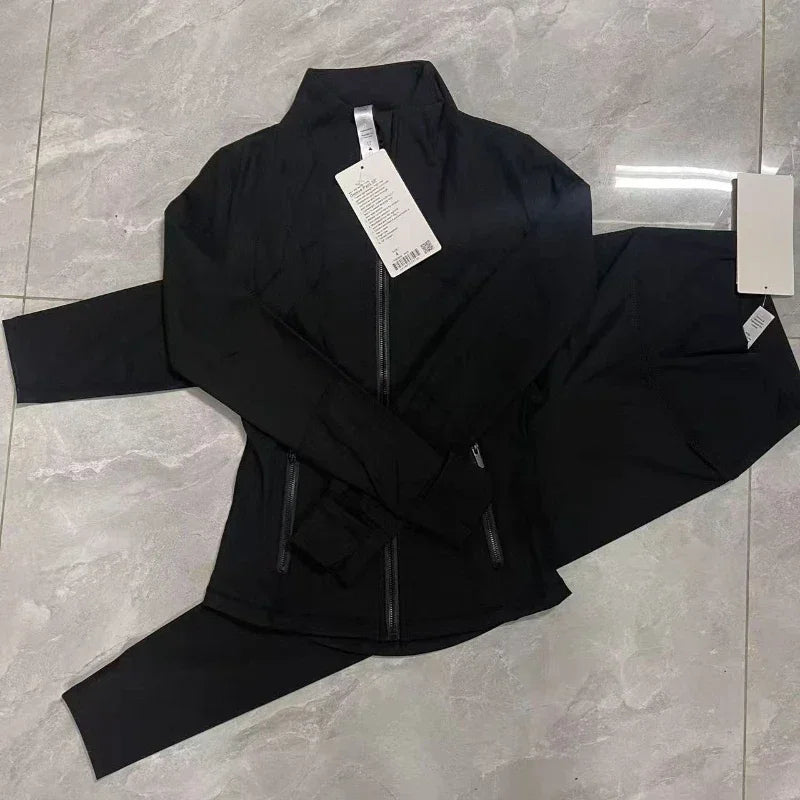 2026 Yoga Suit Set Stand Collar Long Sleeve Jacket Plus Nine-point Pants Yoga Elastic Breathable Running Fitness Suit for Women