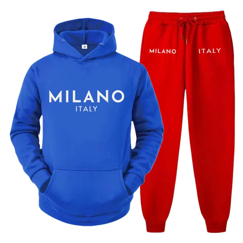 Men's 2025 Y2K Harajuku Streetwear Set – Fleece Hoodie & Slacks with Milano Italy Print, Trendy Casual Two-Piece Suit