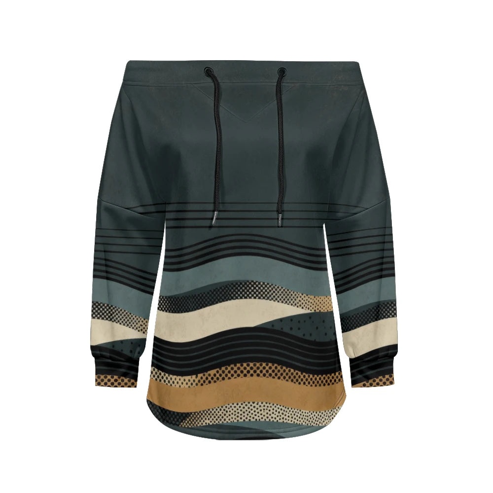 Trendy Off-Shoulder Sweatshirts with Striped & Polka Dot Patterns Drawstring Casual Loose-Fit Top for Women Casual Streetwear