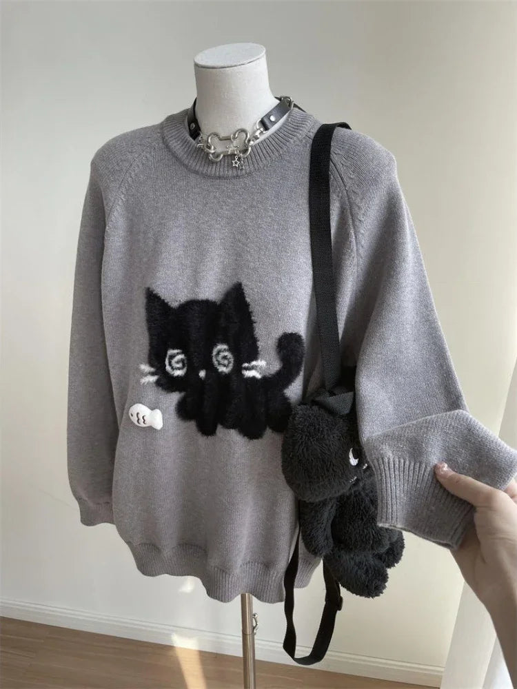 Gray Cute Cat O-neck Knit Elegant Pullover Woman 2024 Winter Design Harajuku Tops Feamale Y2k Long Sleeve Retro Sweaters Mujer
