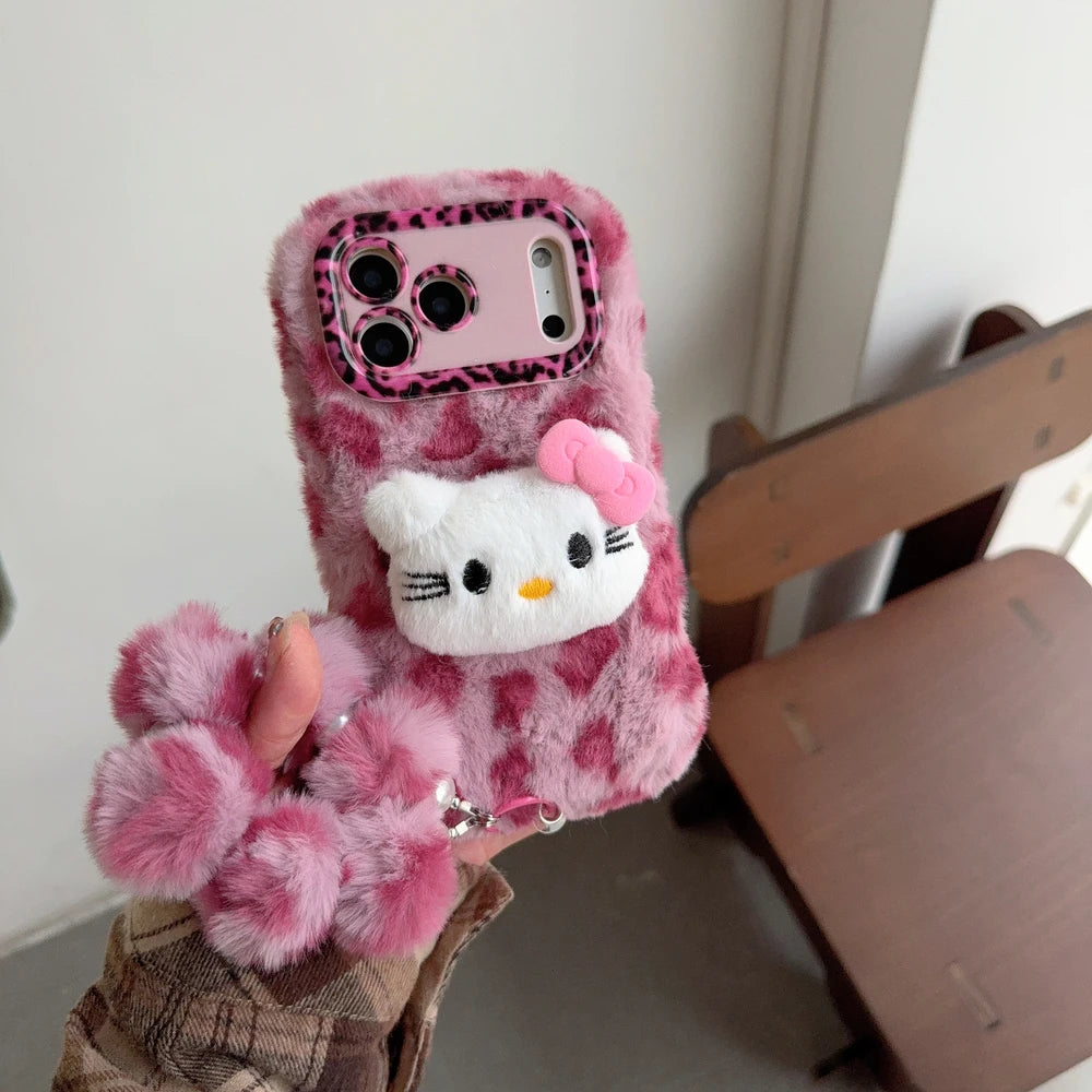 Sanrio Hello Kitty Cute Cartoon Leopard print Furry Warm Winter Plush Phone Case For iPhone 17 16 15 14 13 12 11 Pro Max Cover