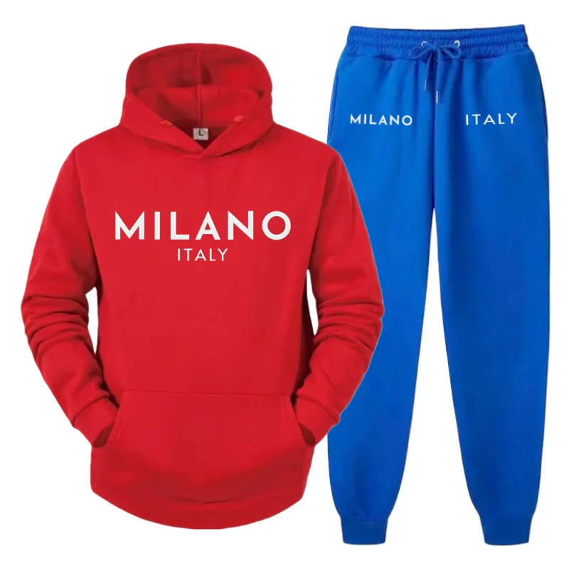 Men's 2025 Y2K Harajuku Streetwear Set – Fleece Hoodie & Slacks with Milano Italy Print, Trendy Casual Two-Piece Suit