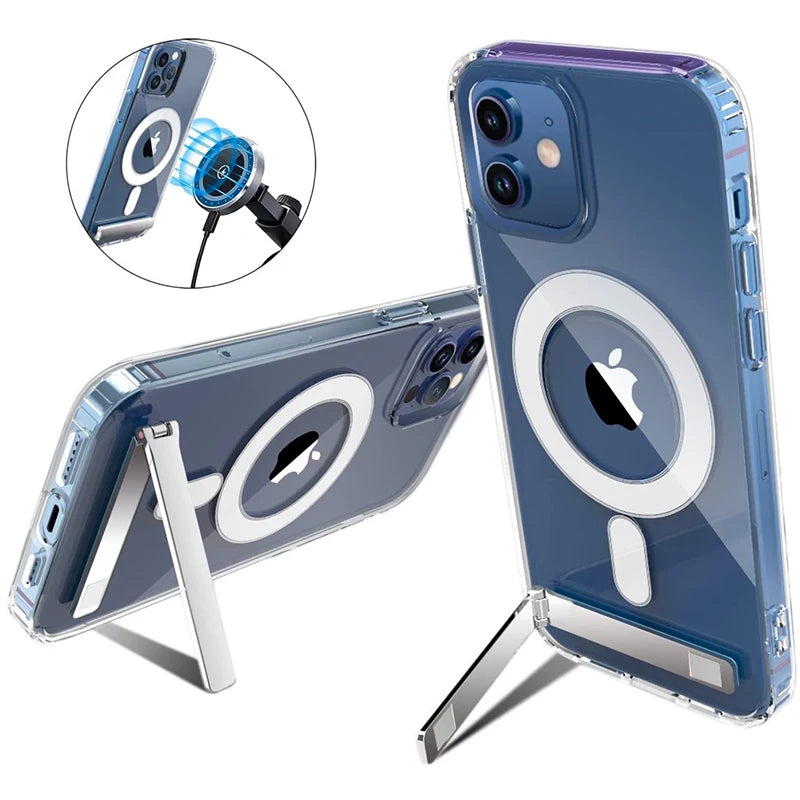 Stand Clear Magnetic Phone Case for iPhone 17 Pro Max Air 13 12 Mini 16 15 14 11 Cases with Kickstand Transparent Holder Cover