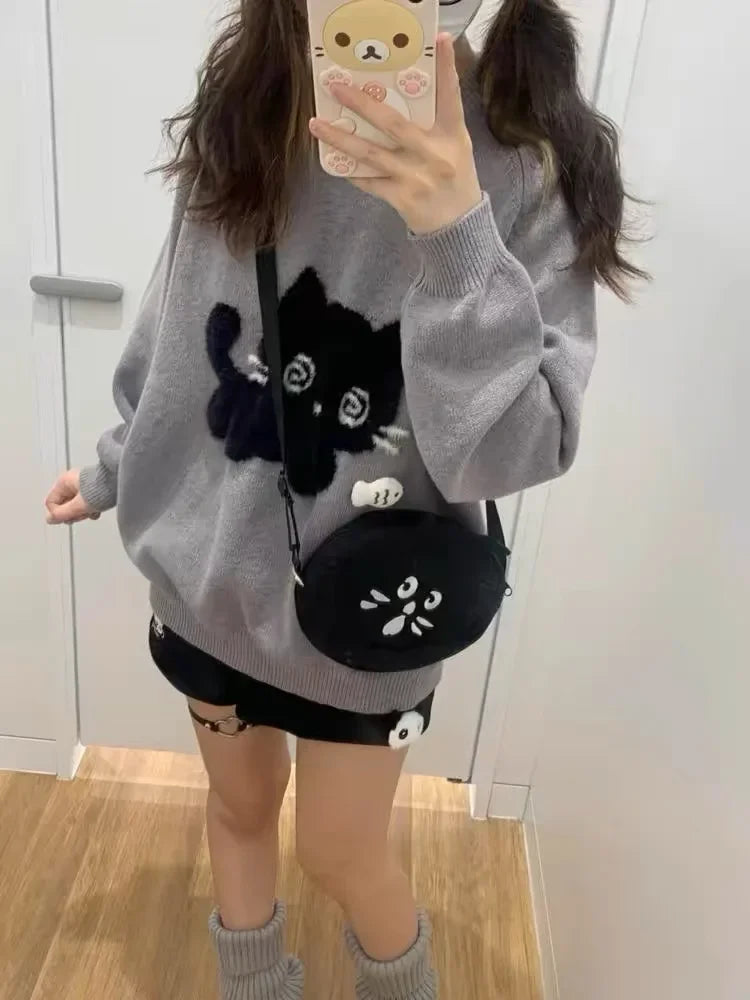 Gray Cute Cat O-neck Knit Elegant Pullover Woman 2024 Winter Design Harajuku Tops Feamale Y2k Long Sleeve Retro Sweaters Mujer