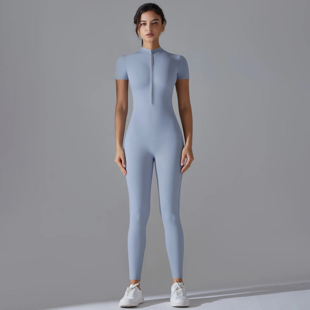 Naked zipper short sleeved yoga suit jumpsuit, quick drying breathable outdoor sports tight fitting jumpsuit, fitness suit