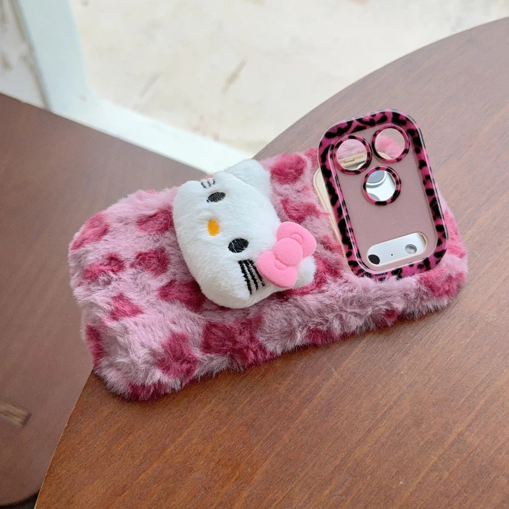 Sanrio Hello Kitty Cute Cartoon Leopard print Furry Warm Winter Plush Phone Case For iPhone 17 16 15 14 13 12 11 Pro Max Cover