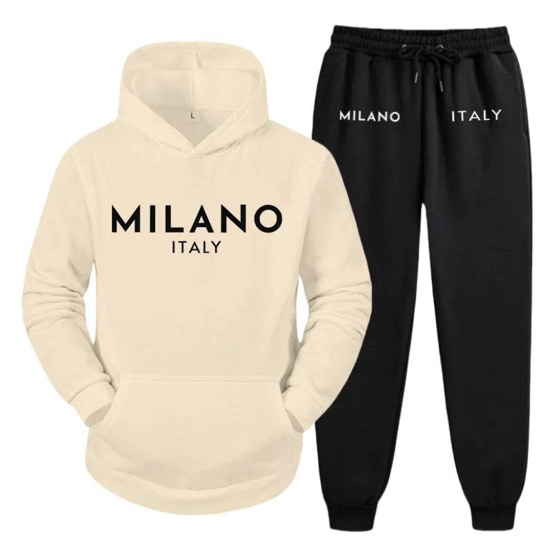 Men's 2025 Y2K Harajuku Streetwear Set – Fleece Hoodie & Slacks with Milano Italy Print, Trendy Casual Two-Piece Suit
