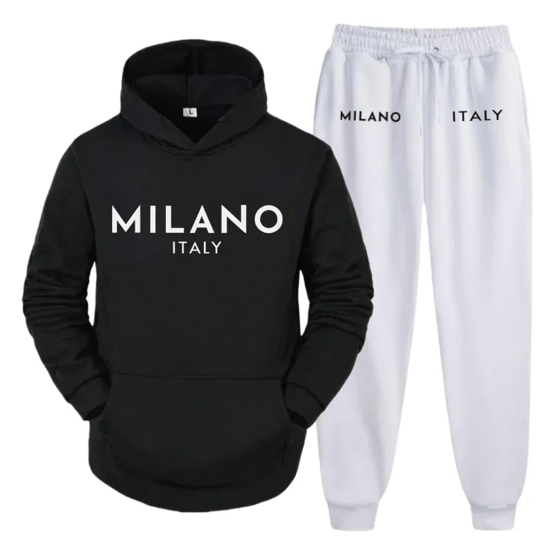 Men's 2025 Y2K Harajuku Streetwear Set – Fleece Hoodie & Slacks with Milano Italy Print, Trendy Casual Two-Piece Suit