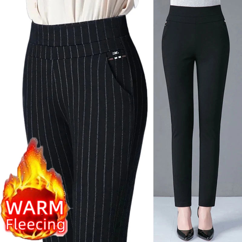 2025 Autumn Winter Casual Elegant Office Slimming Solid Color Fleecing Thick Thin Women's Pants Elastic Waist Tight Pencil Pants