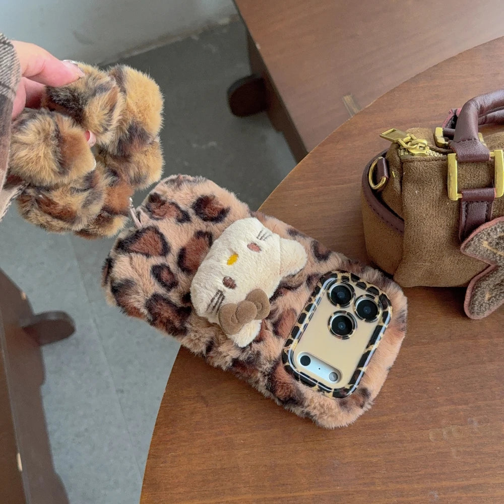 Sanrio Hello Kitty Cute Cartoon Leopard print Furry Warm Winter Plush Phone Case For iPhone 17 16 15 14 13 12 11 Pro Max Cover