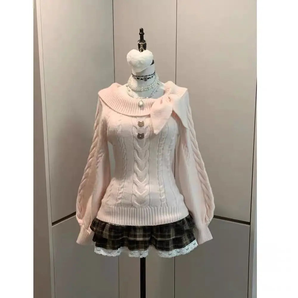 Gray Cute Cat O-neck Knit Elegant Pullover Woman 2024 Winter Design Harajuku Tops Feamale Y2k Long Sleeve Retro Sweaters Mujer