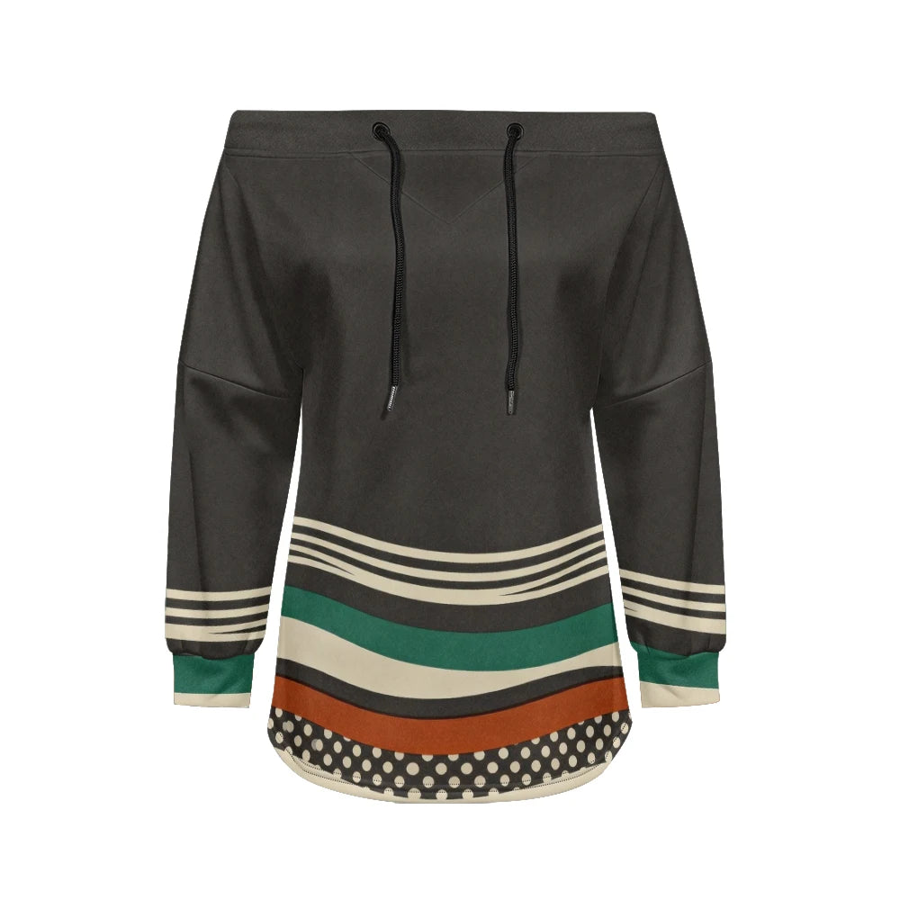 Trendy Off-Shoulder Sweatshirts with Striped & Polka Dot Patterns Drawstring Casual Loose-Fit Top for Women Casual Streetwear