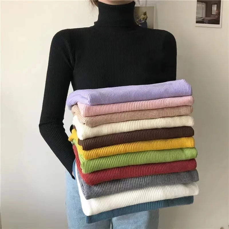 2026 Simple Women Turtleneck Sweater Winter Fashion Pullover Elastic Knit Ladies Jumper Casual Solid Black Female Basic Tops