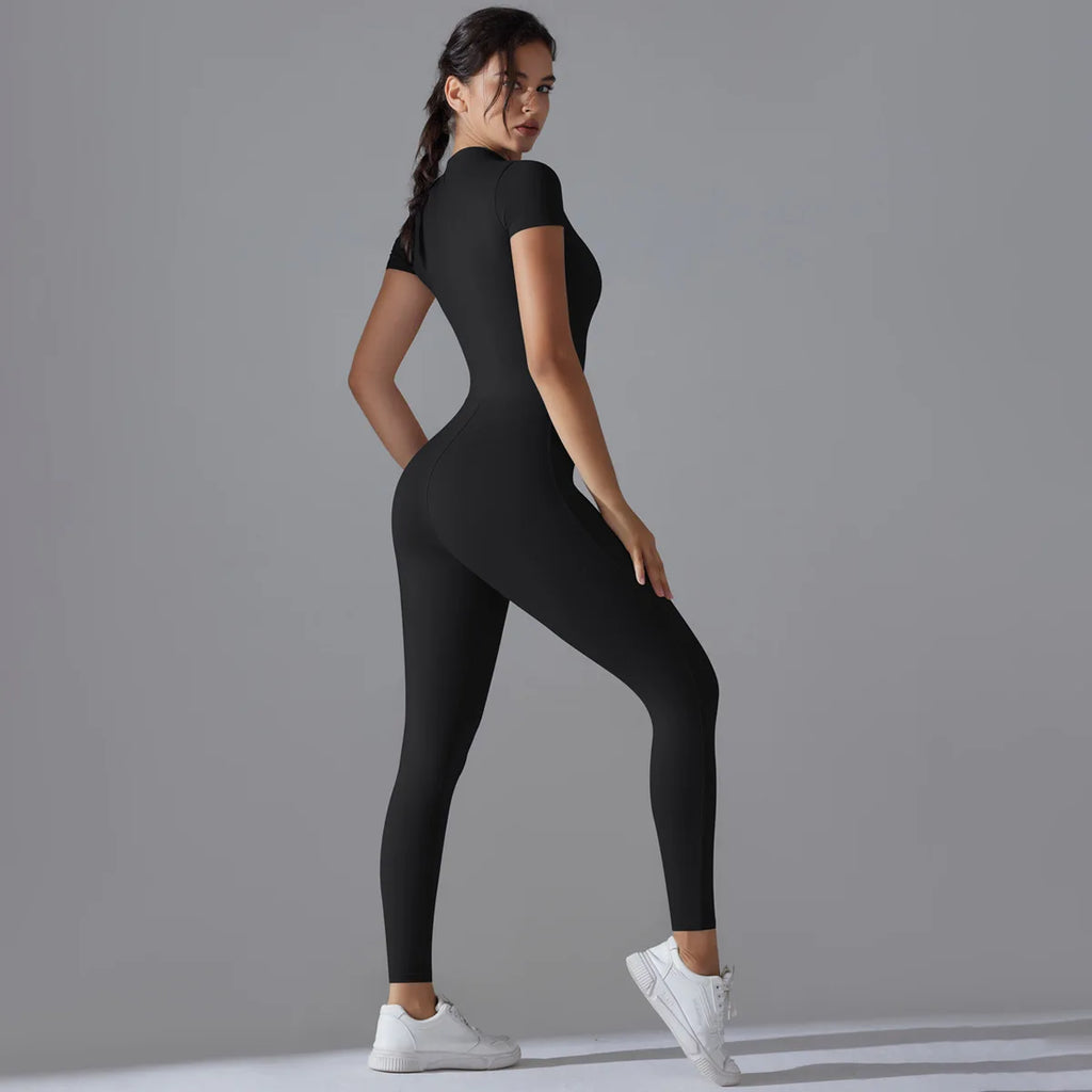 Naked zipper short sleeved yoga suit jumpsuit, quick drying breathable outdoor sports tight fitting jumpsuit, fitness suit