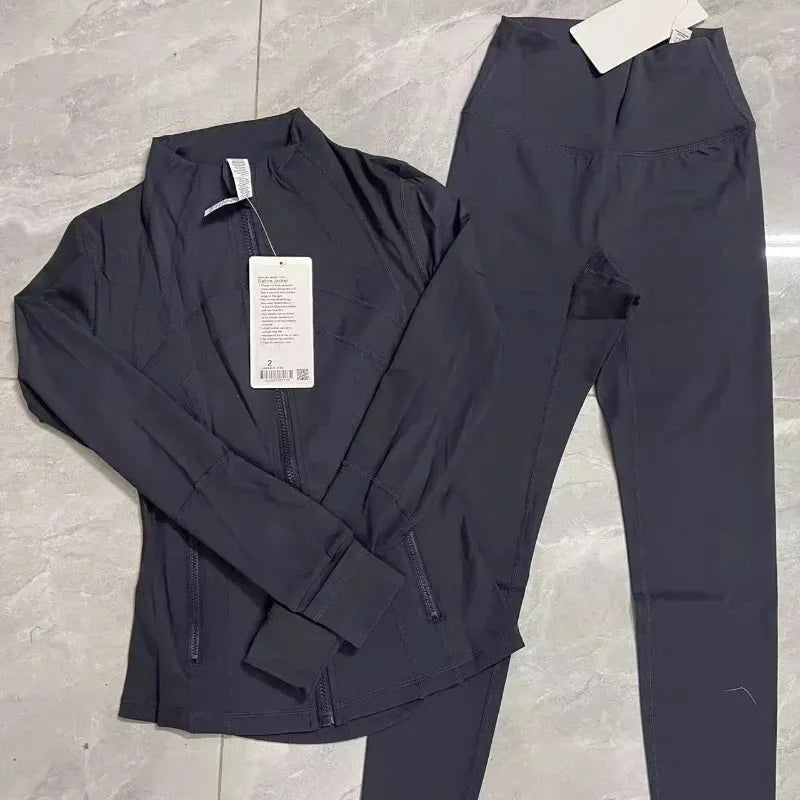 2026 Yoga Suit Set Stand Collar Long Sleeve Jacket Plus Nine-point Pants Yoga Elastic Breathable Running Fitness Suit for Women