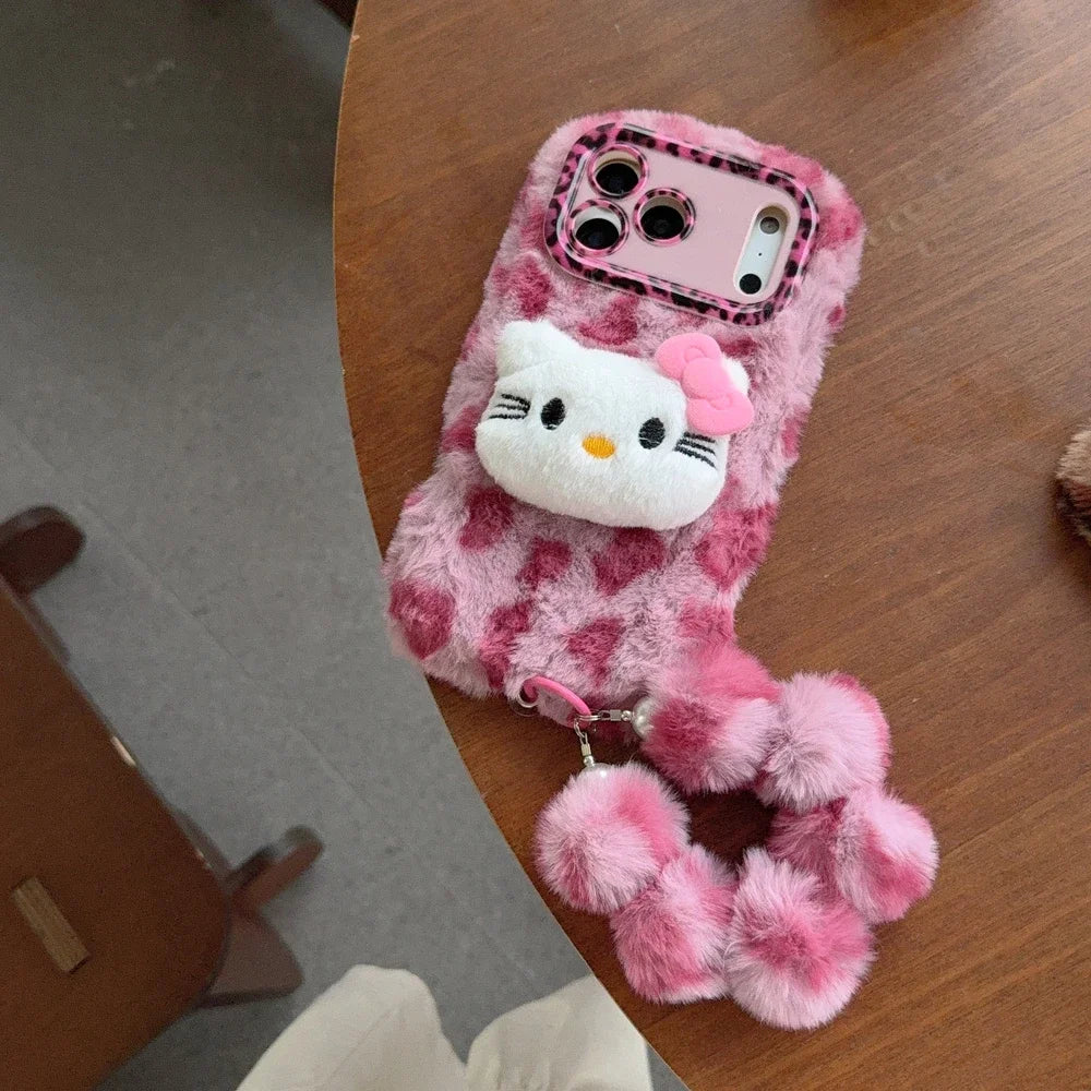 Sanrio Hello Kitty Cute Cartoon Leopard print Furry Warm Winter Plush Phone Case For iPhone 17 16 15 14 13 12 11 Pro Max Cover